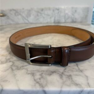 Allen Edmonds Brown Leather Belt with Silver Buckle, size 34, color cofffee